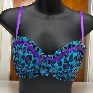 Y2K Material Girl Blue & Purple Leopard Print Mcbling Padded Push Up Bra 36B